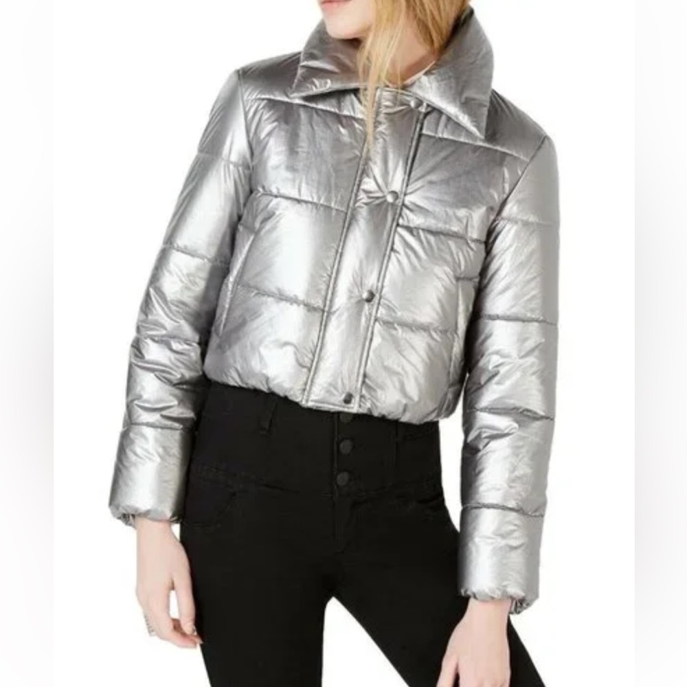 Bar III Cropped Silver Metallic Puff Jacket, size S